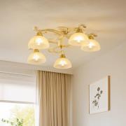 Loftlampe Flora, fem glasskærme, hvid/messing