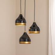 Hængelampe Yildo, 3 lyskilder, sort/guld, rund, Ø37 cm