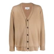 Beige Strik Cardigan med V-Hals og Knaplukning