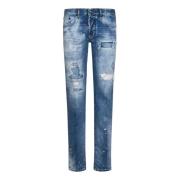Slim-Fit Blå Jeans med Logoet Mærkat og Læderrem