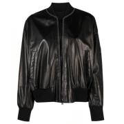 Sort Læder Cropped Bomber Jakke