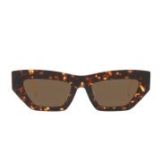 Solbriller med uregelmæssig form, mørkebrune linser og Havana-ramme