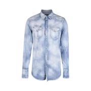 Blå Denim Skjorte med Slidt Effekt og Trykknapper