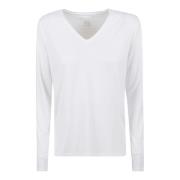 Hvid V-Hals T-Shirt med Lange Ærmer