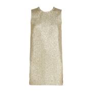 Gylden Tweed Kjole med Glas Krystal Halskæde