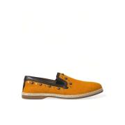 Orange Studded Linen Leather Loafers