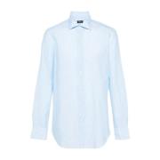 Blå og hvid stribet linned-bomuld skjorte
