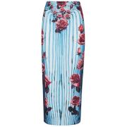 Blå Stribet Midi Nederdel med Rose Print
