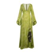 Grøn Viskose Lang Kjole med Print