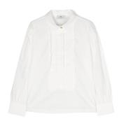 Hvid Plisseret Skjorte Knap Front Langærmet Klassisk Krave