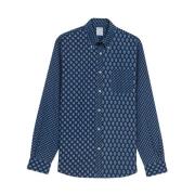 Indigo Print Bomuld Poplin Sport Skjorte med Button Down Krave