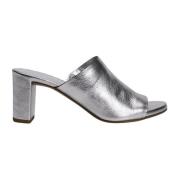 Metallic Sølv Læder Peep-Toe Mules