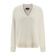Hvid Alpaka Sweater V-Hals Ribbet