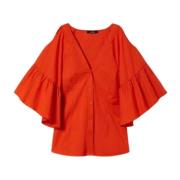 Orange Ruffled V-Neck Skjorte