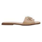 Kvinders Beige Flade Slide Sandaler med Guld Ornament ER00113098