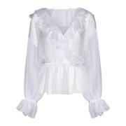 Hvid Silke V-Hals Ruffled Skjorte