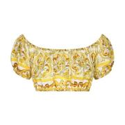 Majolica Print Off-Shoulder Crop Top