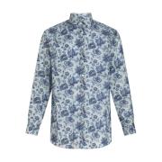 Blå Blomstret Silkeskjorte Fransk Krave