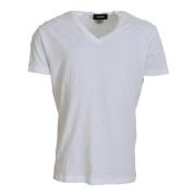 Hvid V-hals Linned Bomuld T-shirt