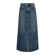 Elegant Denim Lang Slids Nederdel Blå