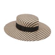 Stribet Raffia Canotier Hat i Sand