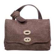 Brun Croc Print Postman Taske