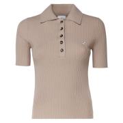 Beige Ribbed Polo Shirt med Knapper