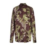 Burgundy Floral Foliage Print Skjorte