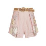 Blomstret Pink & Lilla Linned Shorts