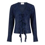 Navy Burnout Bluse med Ruffle Detalje