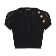 Sort Cropped Sweater med Guld Knapper