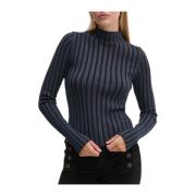 Plated High Neck Slim Sweater Blå