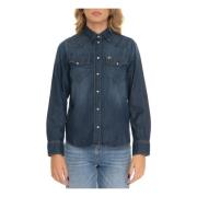 Denim Bluse med Popper Knap Lukning