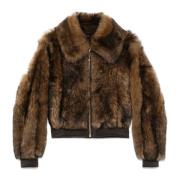 Brun Shearling Zip-Up Jakke med Læder Trim