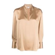 Beige Silke Slids Hals Bluse