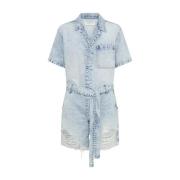 Blå Denim Jumpsuit Distressed Button-Up