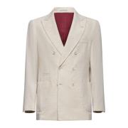 Beige Corduroy Dobbelt-Brygget Blazer Jakke