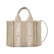 Broderet Mini Tote Taske i Beige