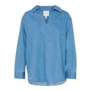 Oversized Denim Bluse med V-Hals