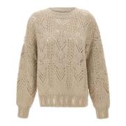 Beige uldblandings sweater med hæklet sting