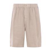 Beige Linned Gabardine Elastisk Talje Shorts