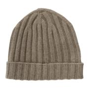 Kashmir Ribstrikket Beanie Hat i Beige