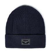 Blå Ribstrikket Beanie Hat