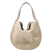 Beige Ruskind Hobo Håndtaske med Guld Studs