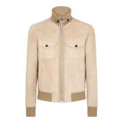 Beige Suede Bomber Jacket