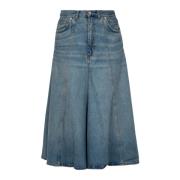 Denim Midi Nederdel med Bæltestropper