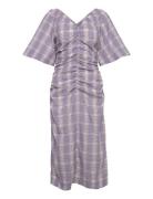 Seersucker Check V-Neck Fitted Midi Dress Ganni Purple