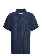 Box Fit Short Sleeved Striped Linen Knowledge Cotton Apparel Navy