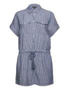 Pinstripe Linen Short-Sleeve Romper Lauren Ralph Lauren Blue