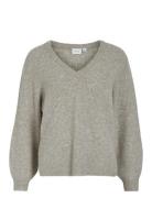 Vibeluna V-Neck Rev L/S Knit Top - Noos Vila Beige